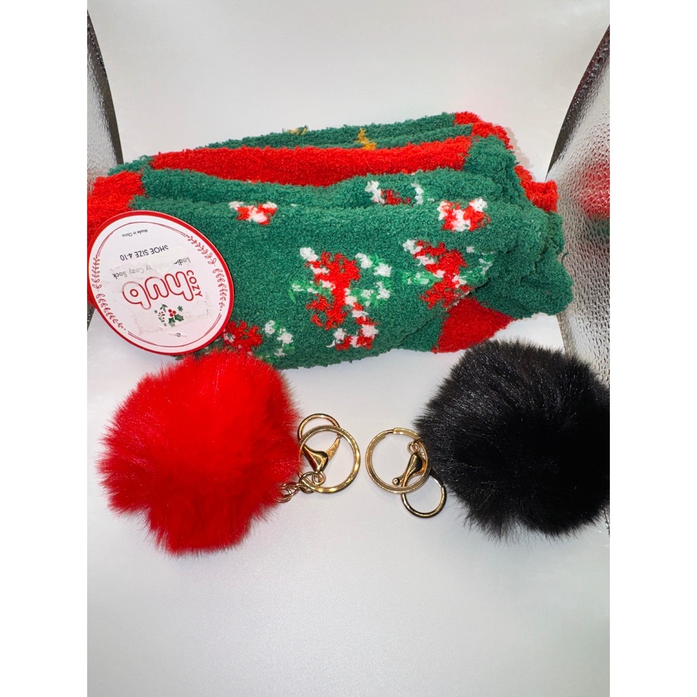 Cozy Hub Holiday Socks and Faux Fur Pom Pom Keychain Bundle Red Green Black 4-10